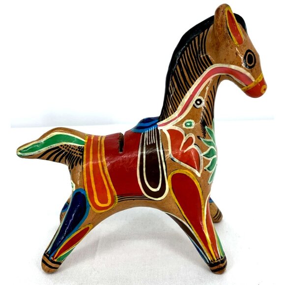 Mexican Folk Art Pottery Clay Horse Bank Terra Cotta Hand Painted Vintage 7" L - Picture 4 of 7
